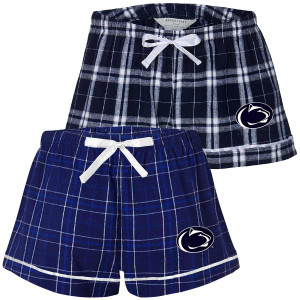 women's blue and navy plaid flannel shorts with Penn State Athletic Logos on left thighs